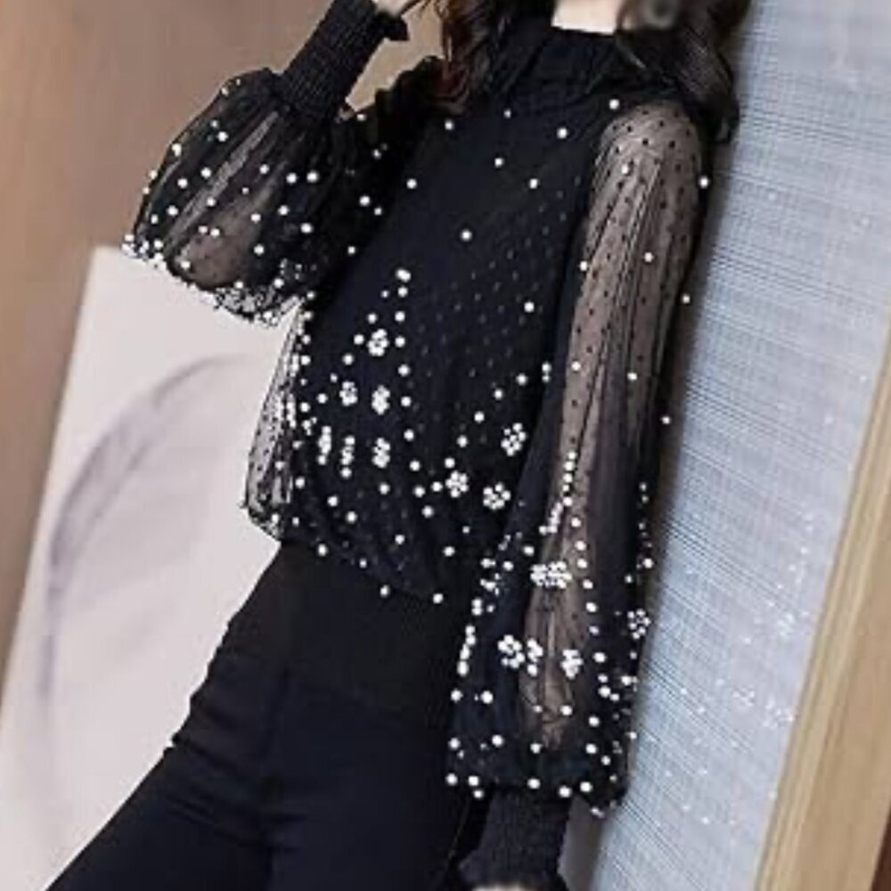 Women's Plus Size 1X/2X/3X Blouse Formal Beaded Black Pearls Mesh Overlay